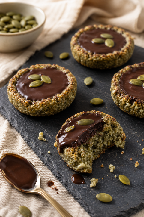 Galletas caseras de semillas de zapallo con cobertura de chocolate y semillas de zapallo, servidas sobre una bandeja de pizarra negra.